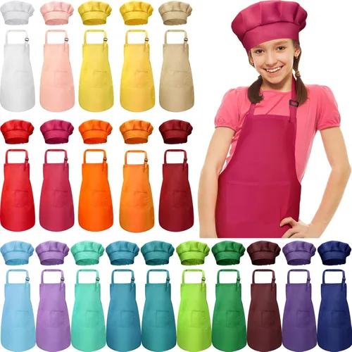 Juego de 40 piezas de delantal de chef para niños y niñas, delantales de chef a granel para cocinar, pintura, delantal con babero para niños de 7 a