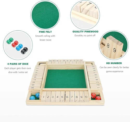 Miniatura 6 de Win Sports - Juego de dados “Shut the Box” (cierra la caja) para 4 jugadores con 10 números, tablero en madera de 4 lados para juego de mesa