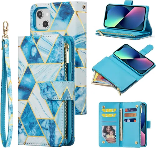 UEEBAI Funda para iPhone 13 de 6.1 pulgadas, Cartera de piel sintética retro a prueba de golpes con función de soporte de ranuras para tarjetas,