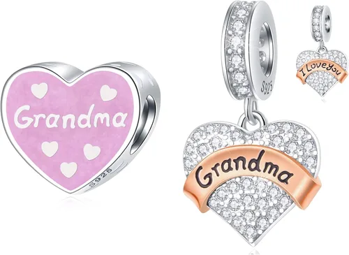Juego de 2 dijes y colgantes con forma de corazón de I Love You Grandma para el día de la madre en plata de ley 925, regalo para gran abuela y