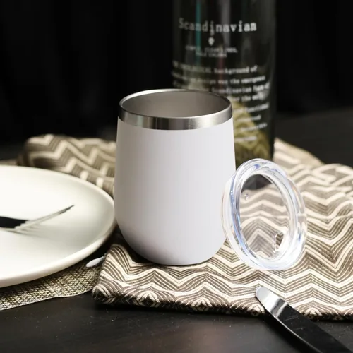 Miniatura 5 de DOMICARE - Vaso de vino de 12 onzas con tapa, hecho de acero inoxidable con aislamiento al vacío de doble pared, paquete de 1 unidad, color blanco