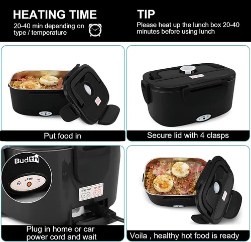 Miniatura 4 de Lonchera eléctrica, calentador de alimentos portátil para automóvil, camión, oficina, adaptador de 12 V, 24 V, 110 V, a prueba de fugas, recipiente