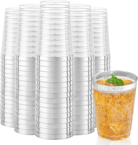 Miniatura 13 de I00000 Paquete de 100 unidades de vasos de plástico dorado de 12 onzas, vasos desechables con borde dorado, vasos de vino desechables y copas
