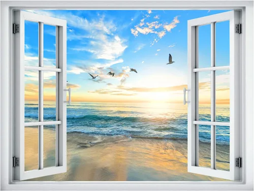 Miniatura 2 de wall26 Adhesivo de pared removible/mural de pared con vista de ventana de pájaros volando sobre la playa vibrante, orilla, puesta de sol