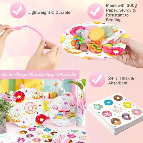 Miniatura 4 de Hombae Dos dulces decoraciones de fiesta de cumpleaños, suministros de dona para 2ª fiesta, telón de fondo, globo, mantel con platos, servilletas