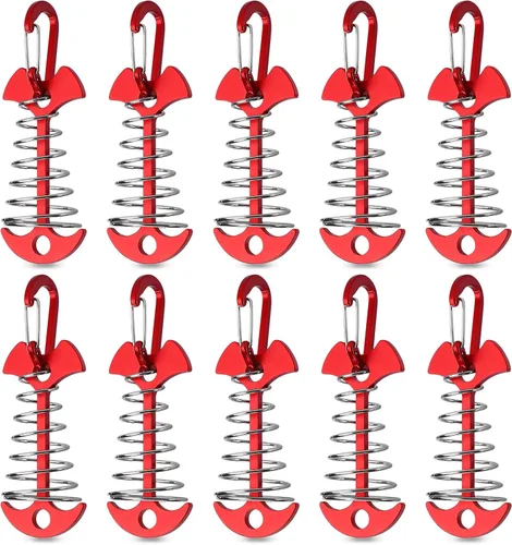 Miniatura 6 de TOBWOLF 10 clavijas de anclaje de cubierta rojas con mosquetones, estacas de aluminio resistentes al viento para tienda de campaña, anclajes de Rojo