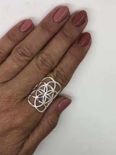Miniatura 5 de Anillo clásico de plata de ley 925 geometría sagrada flor de la vida joyería de yoga