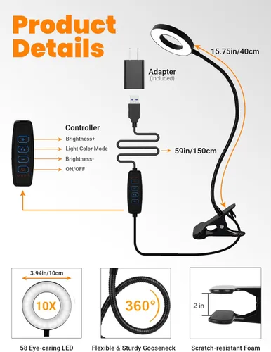 Miniatura 8 de Lupa de Aumento 10X con Luz, 5 Colores + 10 Niveles de Brillo Lámpara de Lectura, Lupa de 58 LEDs con Luz, Lupa Iluminada de 750 Lúmenes