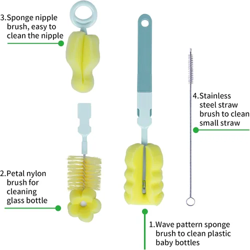 Miniatura 2 de Juego de cepillos para biberones, esponja 4 en 1 sin arañazos y limpiador de mango largo para botellas de cuello ancho/estándar, pezón, tazas