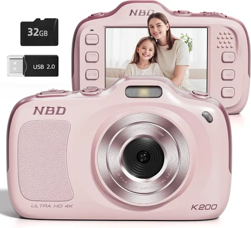 Cámara digital, Cámaras de videoblogs 4K con enfoque automático para fotografía con tarjeta de 32GB, cámara digital compacta portátil de 64MP de Rosa