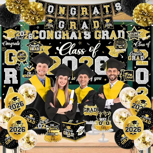 Miniatura 6 de Decoraciones de graduación de clase de 2026, decoraciones de graduación negras y doradas con pancarta de felicitaciones, telón de fondo, letrero