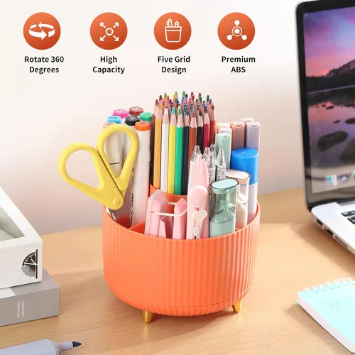 Miniatura 2 de Soporte para Lápices y Bolígrafos de Escritorio, Organizador Giratório de 5 Ranuras de 360° para Escritorio, Organizador de Suministros de Papelería