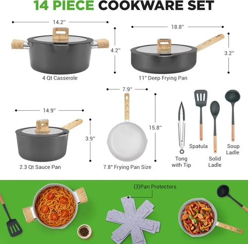 Miniatura 8 de NutriChef Juego de utensilios de cocina de cerámica antiadherente de 14 piezas, ollas y sartenes seguras para inducción con tapas de vidrio, asas