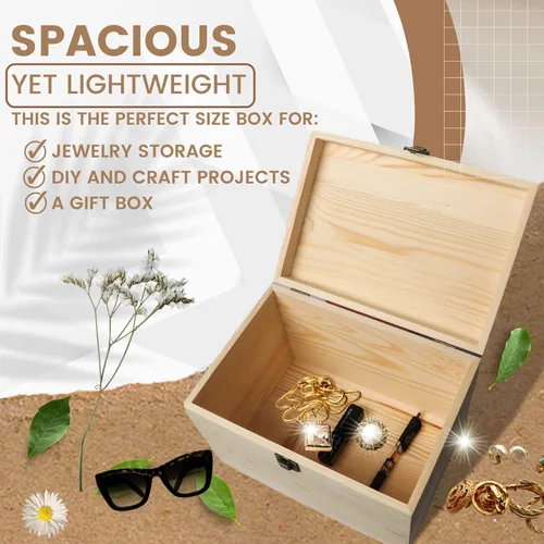 Miniatura 5 de Caja de madera sin terminar de 10 x 7 x 7 pulgadas con tapa con bisagras y cierre frontal para bricolaje, proyectos de arte, manualidades, recuerdos