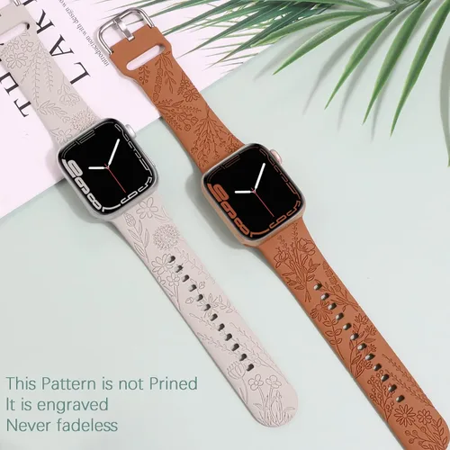 Miniatura 3 de Correa de silicona grabada con flores compatible con correas de Apple Watch de 1.496 pulgadas, 1.575 pulgadas, 1.614 pulgadas, bonita correa Marrón