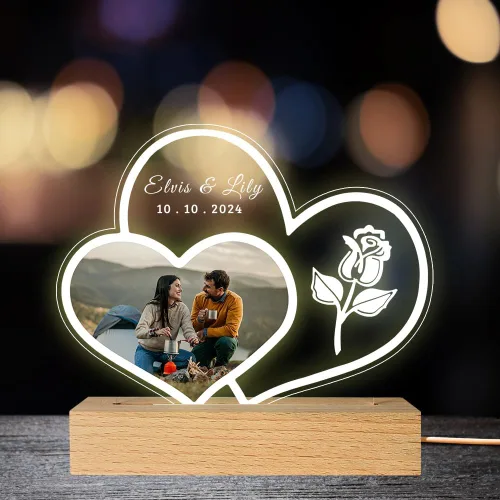 Miniatura 24 de Placa de fotos de acrílico LED personalizada, regalos de aniversario personalizados para parejas con nombres grabados, luz nocturna romántica