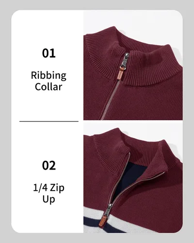Miniatura 5 de MAGCOMSEN Suéteres de algodón con cremallera de 14 para hombre, suéter tipo polo, a rayas, para otoño e invierno, sudaderas cálidas