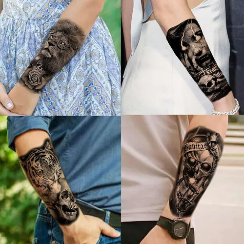 Miniatura 3 de 70 hojas de tatuajes temporales realistas en 3D de antebrazo, lobo, tigre, león, para hombres y mujeres, brazo del muslo, calavera aterradora