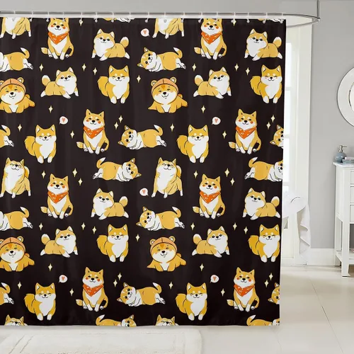 Cortina de ducha Shiba Inu con diseño de perro y cachorro, cortina de baño para niños y niñas, bonito color amarillo, cortina de ducha con dibujos