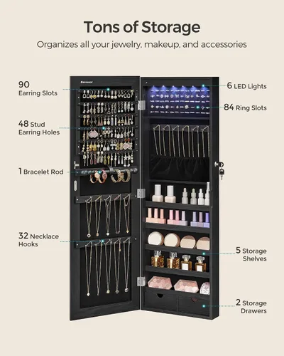 Miniatura 20 de SONGMICS Gabinete colgante de joyería, gabinete de pared con luces interiores LED, organizador de joyas montado en la puerta, espejo de cuerpo Blanco