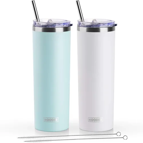 Miniatura 61 de Koodee - Vaso delgado de acero inoxidable de 20 onzas (4 unidades) aislado con doble pared, vaso de agua con 4 tapas, 4 popotes y 2 cepillos