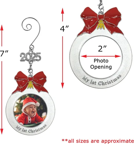 Miniatura 3 de Adorno fotográfico de la primera Navidad del bebé con un dije de 2025 - Con forma de bombilla con purpurina blanca y lazo rojo - Bolsa incluida