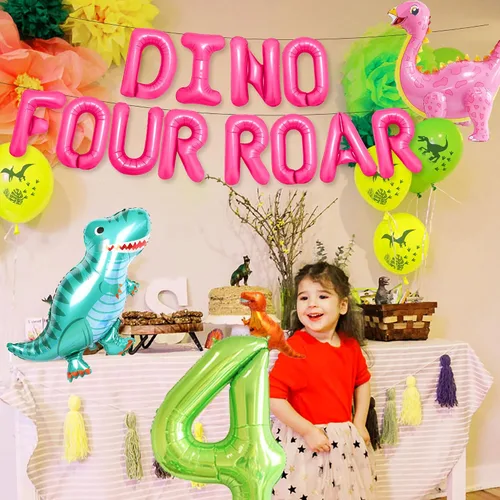 Miniatura 7 de LaVenty Globos de rugido de dinosaurio Rex para decoración de cumpleaños de 4 años, diseño de dinosaurio para niña