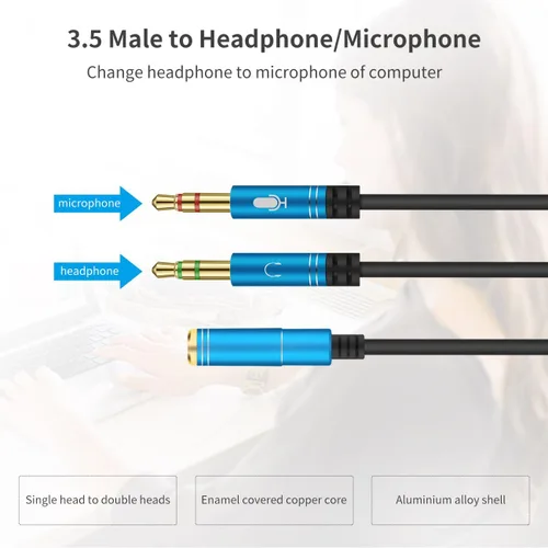 Miniatura 4 de Divisor de auriculares para computadora de 0.138 in hembra a 2 auriculares dobles de 0.138 in macho micrófono de audio y cable divisor en Y, Azul