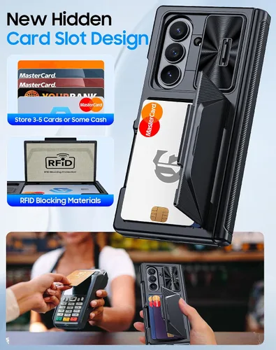 Miniatura 3 de Funda para Samsung Galaxy Z Fold 7 con tarjetero con bloqueo RFID, cubierta de lente deslizante integrada y protección de bisagra y protector