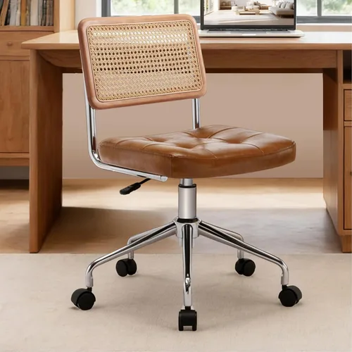 Miniatura 10 de Zesthouse Silla de escritorio de oficina de cuero con ruedas, silla de escritorio con ruedas de mediados de siglo con brazo de madera y respaldo