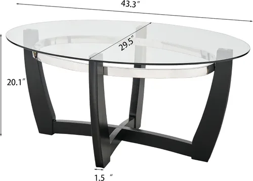 Miniatura 3 de KFZ1331 - Mesa auxiliar de cristal con base de madera maciza para sala de estar, mesa central ovalada, resistente y moderna, 43.3 pulgadas de largo