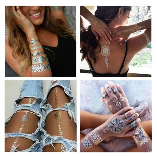 Miniatura 5 de Tatuajes temporales metálicos de más de 120 años para mujeres, adolescentes, niñas, tatuajes dorados y plateados, con purpurina, impermeables