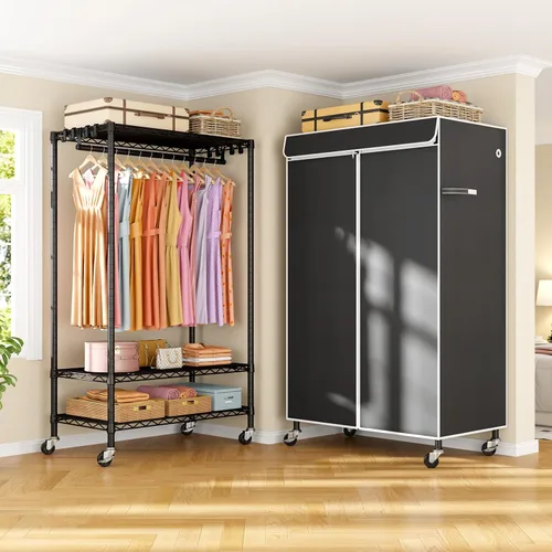 Miniatura 7 de ULIFHOME P6C - Perchero con ruedas con tapa, percheros de ropa cubiertos resistentes, armario portátil para colgar ropa, percheros con ruedas