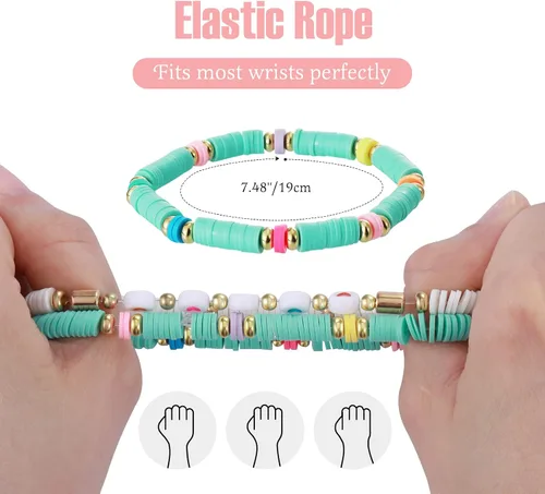 Miniatura 3 de Colorida pulsera elástica apilable, estilo bohemio, con cuentas, pulsera Heishi Surfer apilable Y2K, joyería de moda, conjunto múltiple de amistad