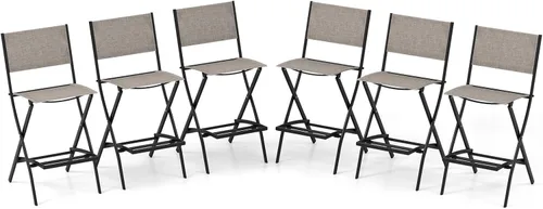 Miniatura 12 de COSTWAY Juego de 4 sillas de bar para patio al aire libre, taburete plegable de altura de mostrador con marco de metal y reposapiés, taburete de bar