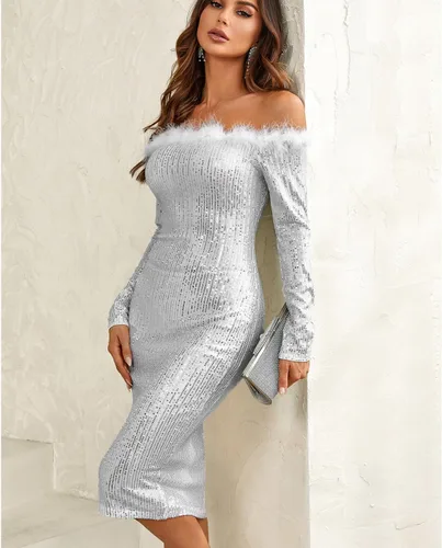 Miniatura 3 de Vestido ajustado de manga larga con lentejuelas y un solo hombro para mujer, vestido de cóctel brillante para fiesta de noche