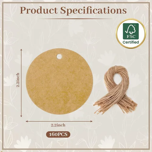 Miniatura 6 de SallyFashion 160 etiquetas de regalo con cuerda adjunta, etiquetas de regalo redondas marrones de 2.2 x 2.2 pulgadas circulares de papel kraft