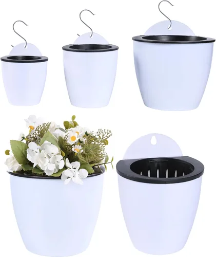 Macetas de pared con autorriego, juego de 3 macetas colgantes blancas para interiores y exteriores con diseño de doble capa y respaldo plano para