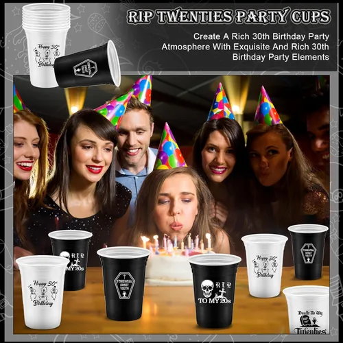 Miniatura 5 de Rtteri Paquete de 48 decoraciones de tazas de la muerte a mis 20 de 16 onzas Rip to My 20s Cups góticas, decoraciones de cumpleaños de 30