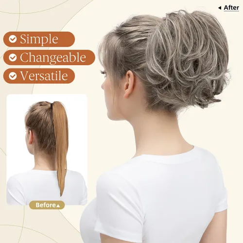 Miniatura 2 de Pinza de pelo con clip de garra, moño corto, pieza de cabello de moño desordenado, extensiones de cabello flexibles, ramificación de cabello Gris