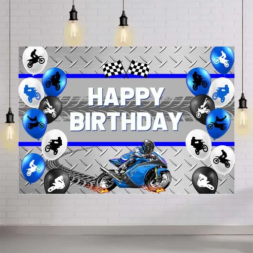 Miniatura 4 de AIBIIN Telón de fondo azul de cumpleaños de motocicleta de 7 x 5 pies para niños, globo de carreras de motocross, decoración de fiesta