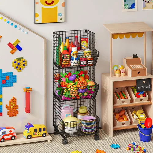 Miniatura 5 de Sonyabecca Cesta de Almacenamiento de Juguetes para Exteriores, Organizador de Cocina de Juego con 5 Ganchos en S, Carrito de Almacenamiento Rodante