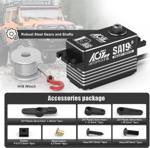 Miniatura 9 de AGFRC 19 kg de bajo perfil impermeable RC-Winch-Servo - 0.073s de alta velocidad, engranaje de metal CNC completo, servo inteligente programable sin