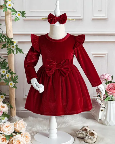 Miniatura 3 de Kucnuzki Vestido de terciopelo para niña pequeña, vestido de terciopelo sólido para niña, vestido de princesa casual para fiesta de otoño