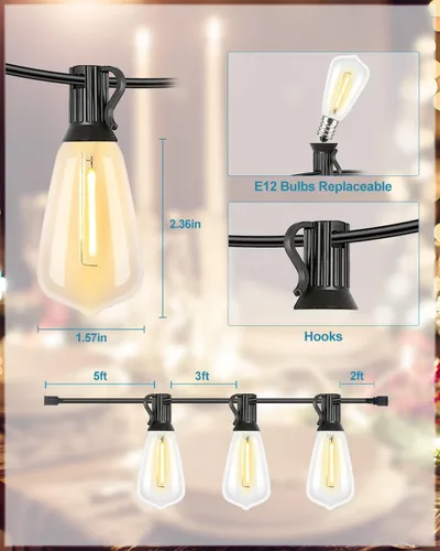 Miniatura 3 de Lightdot Luces LED para Patio de Exterior de 200 Pies (2 x 100 Pies), Luces de Cadena LED con Certificación ETL con Bombillas Edison Vintage