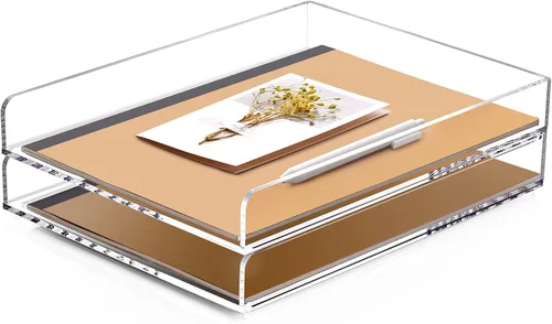 Miniatura 12 de Paquete de 2 bandejas apilables de papel para cartas, organizador de escritorio de archivos A4 ampliado, organizador de escritorio de acrílico
