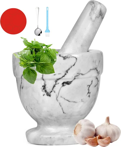Juego de mortero y mortero de mármol para especias, pastas de condimentos, pastas, cuenco de guacamole, molinillo de hierbas fácil de limpiar. Blanco