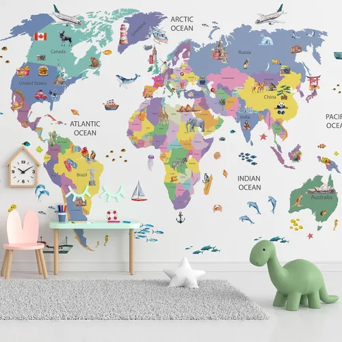 Miniatura 13 de Papel tapiz para habitación de niños, espacio de astronauta, mural de mapa gigante del mundo con países, papel tapiz para guardería, despegar