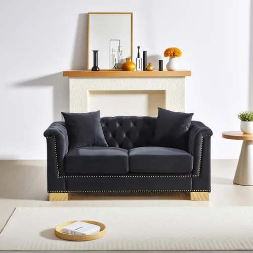 Miniatura 7 de Sofá de dos plazas Chesterfield de terciopelo negro de 62 pulgadas, 4 cojines clásico de 6.5 pulgadas, brazo enrollado, sofá moderno adecuado