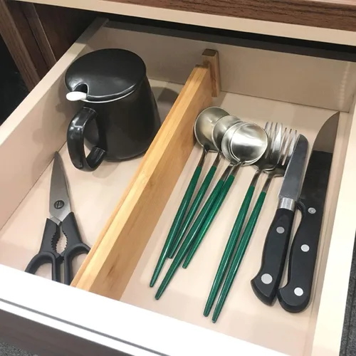 Miniatura 2 de VaeFae Paquete de 6 separadores de cajones de bambú ajustables, organizador de cajones expandible para utensilios de cocina, ropa, baño, oficina, se